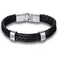 Victorious Leren Armband Heren – Drie Stroken Gevlochten Leer – Zwart/Zilver – 22cm