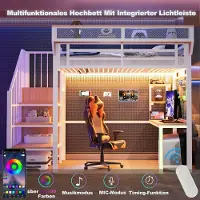 HAUSS SPOLE Metalen Hoogslaper 90x200cm - Met Bureau, Open Rekken En Opbergnetten - Met Ledverlichting En Stopcontact - Met Opbergladder - Zonder matras - Metaal En MDF - Wit