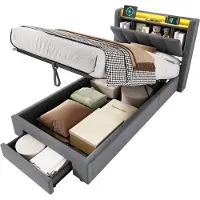 MODFU Gestoffeerd Bed met LED & Hydrauliek 90x190 cm – USB & lade – Fluweel donkergrijs – Incl. lattenbodem – Tienerkamer