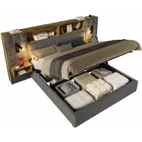 MODFU Opbergbed - Leeslampen En USB-C - Vintage Ontwerp - Met Linnen Bekleding - Grijs - 180 X 200 Cm