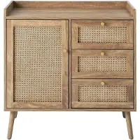 CALICOSY Commode met 1 deur en 3 lades, rotan fronten en houten poten, l80 cm palmo