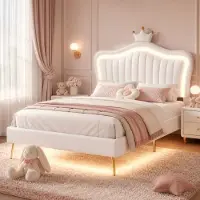 HAUSS SPOLE Kinderbed 90x200 cm - Gestoffeerd Bed Met Ledverlichting en Verstelbaar Hoofdbord - Zonder Matras - Kunstleer - Wit