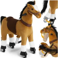 TecTake Hobbelpaard op wielen – Rijdend speelgoed paard - Pluche paard met antislip handgrepen - Voor kinderen van 3-12 jaar - Stalen frame - Binnen & buiten gebruik - Bruin, 29 x 76 x 85 cm
