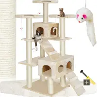 TecTake Krabpaal & Klimmeubel – 2 Huisjes, 3 Platforms & Speelmuizen – 56 x 51 x 186 cm – Beige