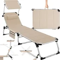 TecTake Ligstoel met zonneluifel - Inklapbaar - Met zijvak - Beige - 220x60.5x34 cm