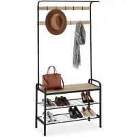 TecTake Kapstok met Houten Bank en 8 Haken - 85,5x36x184 cm - Industrieel Design met Zwart Metalen Frame - Lichtbruin