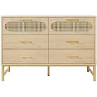 OKWISH Dressoir – Rattanlook – 120×40×74 cm – 2 Deuren 6 Lades – Opbergruimte Voor Woonkamer/Slaapkamer – Sonoma Eiken – Metalen Grepen