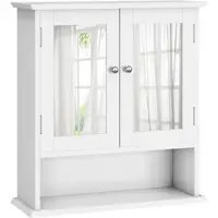 OKWISH Badkamerkast Met Spiegel - Wandmontage - Verstelbare Plank En Open Vak - MDF Wit - 54,6 x 19,8 x 60 cm
