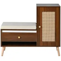 STILVORA Schoenenkast Met Zitkussen - Rotanlook Deur En Laden - Voor Hal En Entree - MDF En Spaanplaat - 95,5x35x80,5 Cm - Walnoot