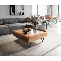 DELIFE Salontafel Kiano 90x90 cm Acacia Natuur 2 Laden V-voet Zwart