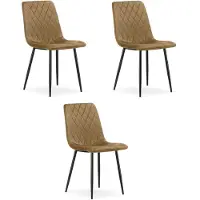 Leobert Set van 3 eetkamerstoelen TURIN - Lichtbruin fluweel - Zwarte metalen poten - Modern design
