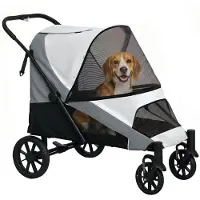 PawHut Hundewagen Hundebuggy klappbar für große Hunde & Katzen bis 30 kg Katzenbuggy mit Kissen Netzfenstern Türen Aufbewahrungstasche Katzenwagen mit Sicherheitsleinen, Bremsen, Buggy Grau