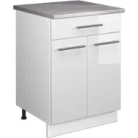 Vicco Onderkast voor spoelbak/kookplaat Fame-Line, Wit Hoogglans/Wit, 60 cm met lade, WB Marmer