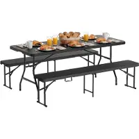 LifeGoods Inklapbare Picknickset - 180cm x 74cm - Tuintafel met 2 Banken - Weerbestendig - Campingtafel - Biertafel Opklapbaar - Voor Binnen en Buiten - Voor 6 tot 8 Personen - Rattan Zwart