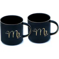 Intirilife koffiemok in zwart met gouden rand en inscriptie mr en mr op elk kopje - 300 ml inhoud - theekop