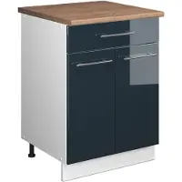 Vicco Onderkast voor spoelbak/kookplaat Fame-Line, Donkerblauw hoogglans/Wit, 60 cm met lade, WB Eik