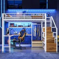 Merax Hoogslaper 140 x 200 cm - met 2 lades en kledingstang - met LED-verlichting - bureau - met opbergtreden - zonder matras - wit
