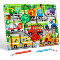 BOTC Magnetisch Doolhof - Magnetisch Kleur- en Nummerdoolhof - Houten Kleurmatch Leer- en Telpuzzelbord - Motorisch Speelgoed voor Peuters en Meisjes van 3-5 jaar - Auto's en Vervoer