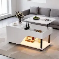 STILVORA Salontafel - Hoogteverstelbaar Met Verborgen Opbergruimte En Led - Voor Woonkamer - Spaanplaat Wit - 100x50x46 cm