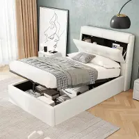 Merax Gestoffeerd bed 90x200cm - verborgen hoofdsteunopslag - met opbergruimte - inclusief bedframe en hoofdbord - zonder matras - wit