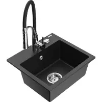 Mexen Milo granieten spoelbak 1-komor met keukenmengkraan Aster, zwart/zilver metallic - 6505-73-73450-07