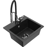 Mexen Milo granieten gootsteen 1-komor met keukenmengkraan Aster, zwart/zilver metallic - 6505-73-73450-07-B