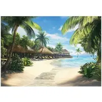 WALLARENA - Fotobehang - 350x250 cm - 3D afbeelding van een paradijselijke strand met palmen en zee voor slaapkamer en woonkamer