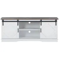 OKWISH TV-Meubel – Boerderij Serie – 2 Schuifdeuren – 3 Verstelbare Planken – Veel Opbergruimte – Spaanplaat Wit+Bruin – 150x40x60 cm – Geschikt Voor 65 Inch TV – 80 kg Draagkracht