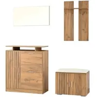 OKWISH Garderobeset Voor Hal Met Schoenenkast En Zitbank Met Spiegel En 4 Haken 140×35×133 cm Spaanplaat Naturel