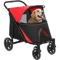PawHut Hundewagen, Hundebuggy mit Kissen, faltbarer Hundetrolley, Katzenbuggy für große und mittelgroße Hunde, Hundetrolley mit Netzfenster, Sicherheitsleinen, Tasche, Oxfordstoff, Rot