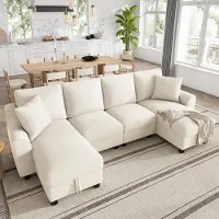 OKWISH hoekbank met twee chaise longues, woonkamerbank met twee kussens, L-vormige bank met opbergruimte, slaapbank van chenille in beige
