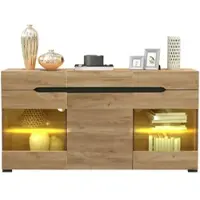 STILVORA Dressoir - Met App-Gestuurde LED En Acryldeuren - 3 Deuren 3 Lades Voor Woonkamer En Presentatie - Spaanplaat - 140x35x80 cm - Lichtbruin