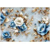 WALLARENA - Fotobehang - 300x210 cm - bloemen in blauw en goud glamour voor slaapkamer en woonkamer