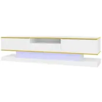 OKWISH TV Meubel – Moderne Serie – 3 Lades – Met Kleurenwisselende LED – Hoogglans Opbergruimte Met Gouden Decorstrepen – Spaanplaat Wit – 180x38x45 cm