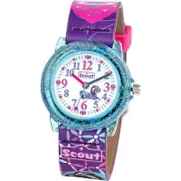 Scout Kinderuhr analog zur Serie Heartbeat und Pony Love lila pinkem Kunstlederband, Pferde-Motiven und Dornschließe