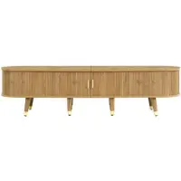 OKWISH TV-Meubel – Schuifdeurmodel met 2 Deuren en 2 Lades – Open Vakken en Kabelmanagement – Rustieke Stijl met Goudaccenten – MDF Houtnerf – 175×38×45 cm