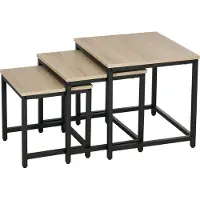 STILVORA Set van 3 Nesttafels – Houtlook blad & zwart stalen frame, stapelbaar, 60 kg draagvermogen