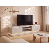Vente-unique Tv-meubel in MDF met 2 lades, 2 vakken en ledverlichting - Beige en witte marmereffect - DEVIKA