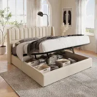 OKWISH Tweepersoonsbedden 180x200 cm - Opbergbed Met Hydraulische Lift En Lattenbodem - Gestoffeerd Bed Voor Extra Slaapkameropslag - Linnen - Beige