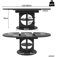 OKWISH Eettafel – Uitschuifbaar Met Opbergrek – Rond Naar Ovaal – Zwart MDF En Metaal – 110 Tot 150 x 110 x 76 cm