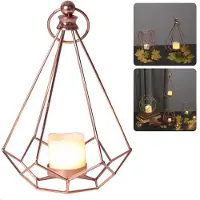 Cheqo Koperkleurige Lantaarn - Tafellamp - Kaarsenhouder met LED Kaars - Sfeerverlichting Binnen - Decoratief