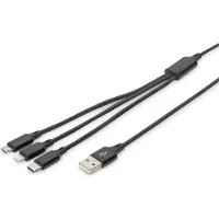 Digitus AK-300160-010-S USB-laadkabel Apple Lightning stekker, USB-A stekker, USB-C stekker, USB-micro-B stekker 1.00 m Zwart Extreem robuust gevlochten