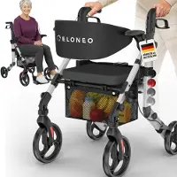 Aktiv shop GmbH 2-in-1 rolstoel en rollator – opvouwbaar, lichtgewicht met zitje, outdoor rollator voor alle terreinen, aluminium loophulp voor senioren met netzak, transportrolstoel, zilver