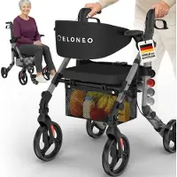 Aktiv shop GmbH 2-in-1 rolstoel en rollator – opvouwbaar, lichtgewicht met zitje, outdoor rollator voor alle terreinen, aluminium loophulp voor senioren met netzak, transportrolstoel, grijs