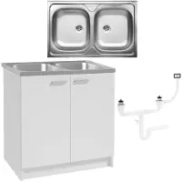 Stamar - Keukenkast 80 x 50 cm + Dubbele Wasbak + Afvoer dla Vaatwasser - Wit