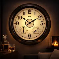 HomeShopXL Wandklok 45 cm – Binnen/Buiten – Industrieel – Stil & Verlicht – Waterdicht – Met Thermometer & Hygrometer – Zwart/Dark Brons