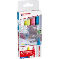Edding Glasmarker 95, voor glazen oppervlakken & whiteboards, lijndikte 1,5-3 mm, ronde punt, set van 4, wit, geel, roze en lichtblauw