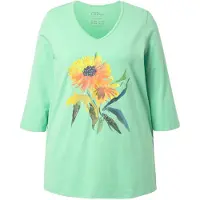 Ulla Popken - Dames - Shirt zonnebloem A-lijn V-hals 3/4-mouwen - Lichte munt - Maat 46+
