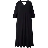 Ulla Popken - Dames - Maxi-jurk volants A-lijn V-hals 3/4-mouwen - Zwart - Maat 54+