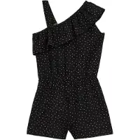 We fashion - Meisjes one-shoulder playsuit met print en structuur - Regular fit - Zwart - Maat: 134/140